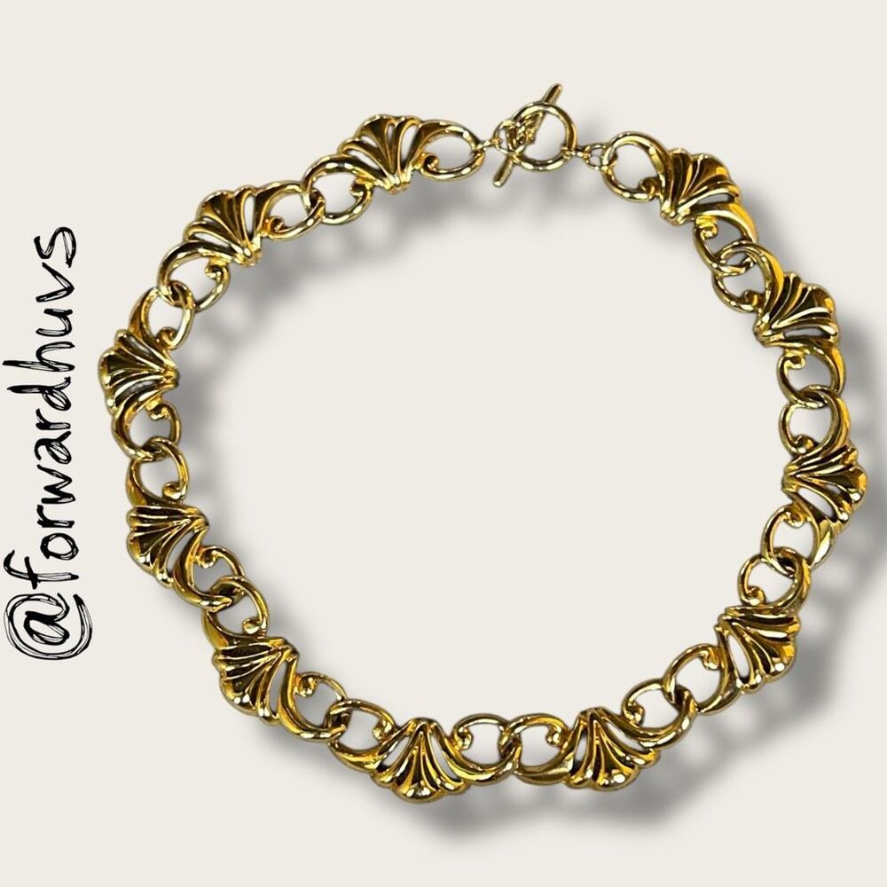 Gold Tone Necklace – Shell-Link and Oval Chain Design – Vintage Statement Piece
